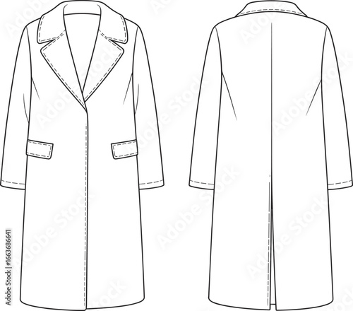 Cad drawing flat vector illustration, long coat fashion sketch, front and back view, tailored outerwear design, 