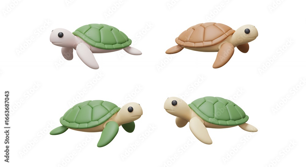 Fototapeta premium Cartoon turtle illustrations with varied shell colors on a white background for design or educational use