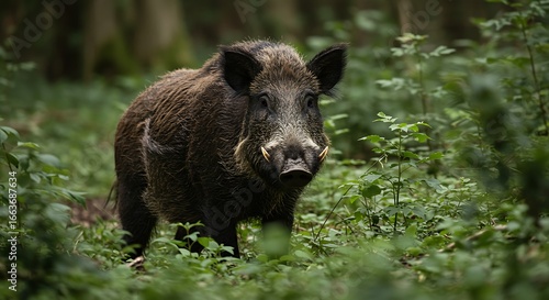 Vigilant Wild Boar with Sharp Tusks Stares from Lush Forest Undergrowth.