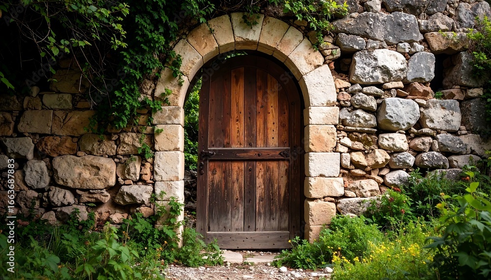 Fototapeta premium Ancient Stone Wall With Rustic Wooden Doorway and Overgrown Greenery.