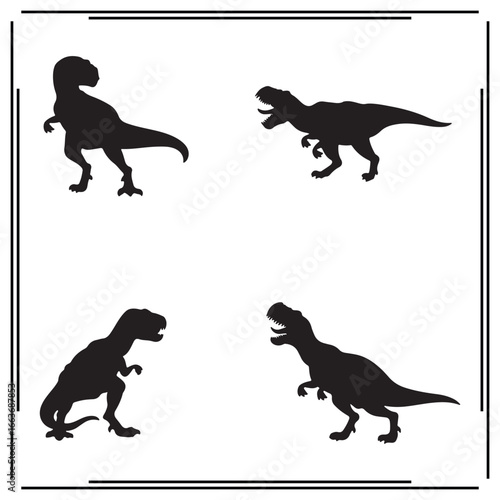 Set of Dinosaur Silhouettes, T-Rex, Black Silhouettes on White Background, Dinosaur Icons for Kids, Prehistoric Animal Vector Illustration