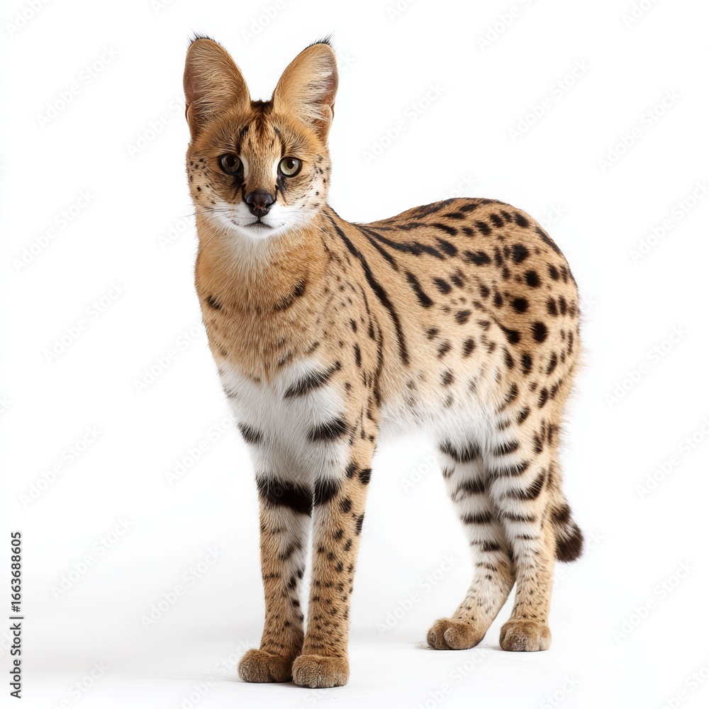 Obraz premium A stunning portrait of a Serval, captured in a studio setting. The Serval's distinctive spotted coat and alert gaze create a captivating image
