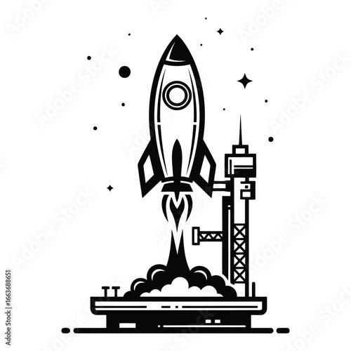 Rocket launching into space with fire and smoke