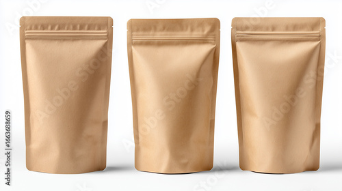 Three kraft paper bags with zip lock closure arranged in a row, showcasing versatile packaging options for various products and branding opportunities