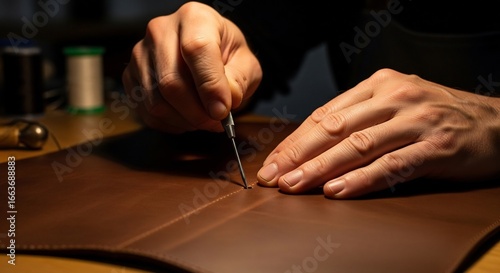 Skilled artisan meticulously preparing leather for hand stitching, creating custom handmade craft with traditional tools in workshop.