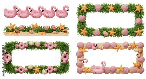 Decorative frames with flamingos starfish and seashells on white background