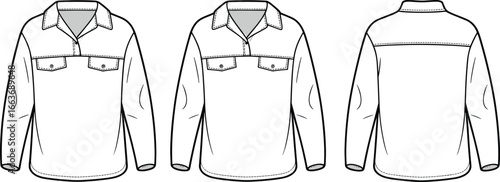 CAD drawing flat vector illustration, long sleeve shirt design, fashion technical sketch, front back view, chest pockets, collar detail, apparel template