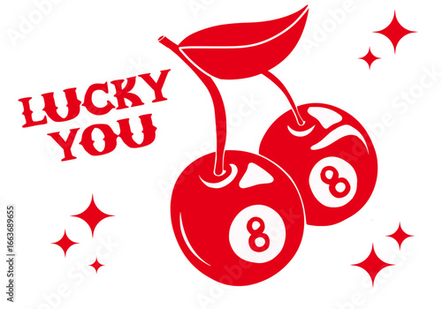 Lucky You Cherry 8 Ball Vector File Hand Drawn Illustration y2k sparkles Howdy Honey
