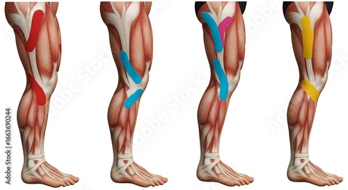 Kinesiology tape applied to human leg muscles medical illustration