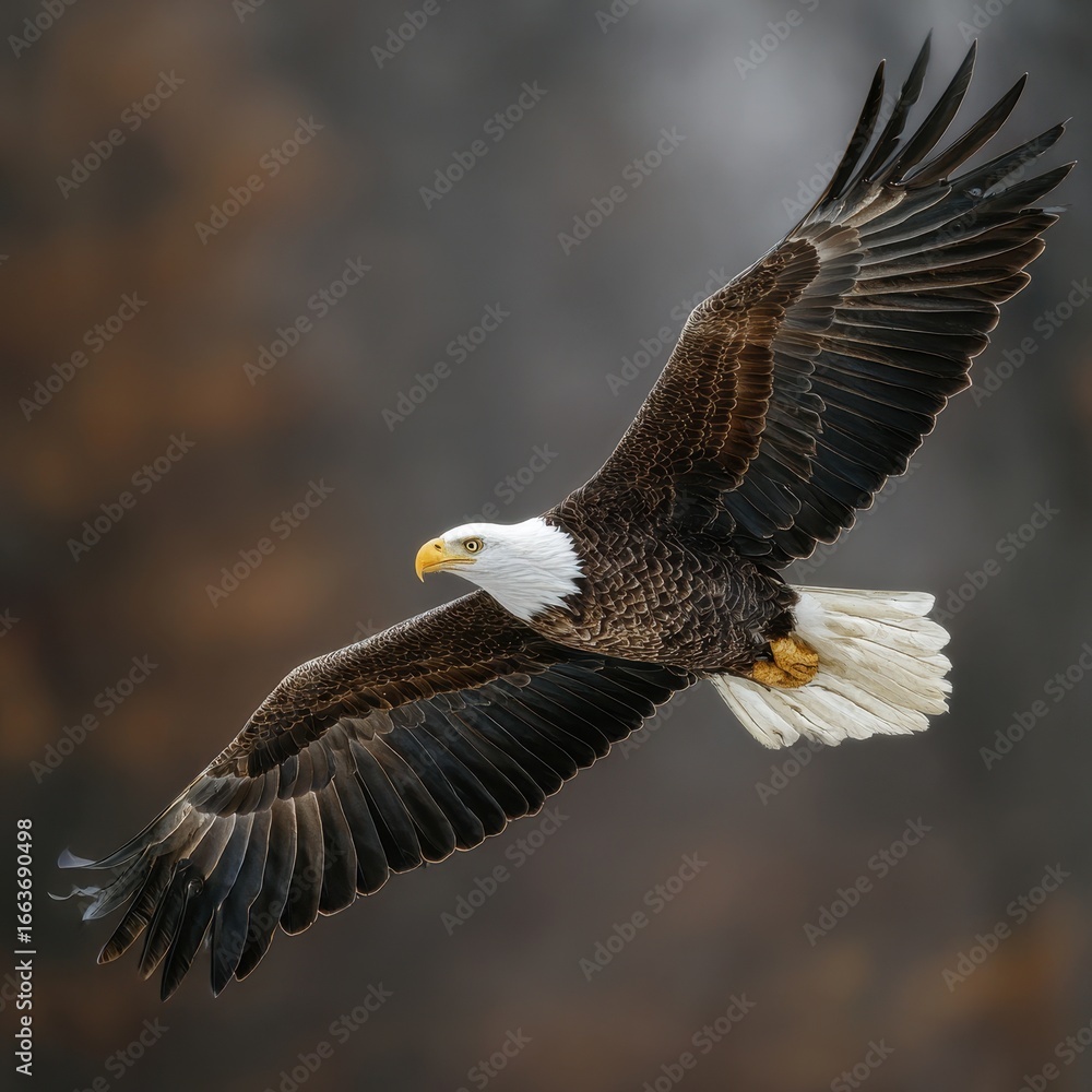 Fototapeta premium Majestic Bald Eagle Soaring with Outstretched Wings Over Maryland Landscapes