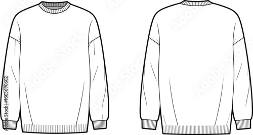 New update Cad drawing flat vector illustration, men's casual sweatshirt, long sleeve pullover, crew neck top, ribbed cuffs and hem, plain design, front and back views, 