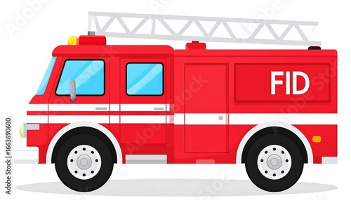 A vibrant, cartoon-style illustration of a firetruck, displayed in bold, rich red and accented with white stripes, highlights the vehicle's sturdy design and safety features.