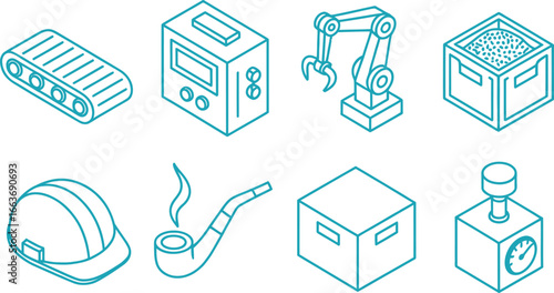 Blue Outline Isometric Industry Icons Conveyor, Box, Robot Arm, Hard Hat on White