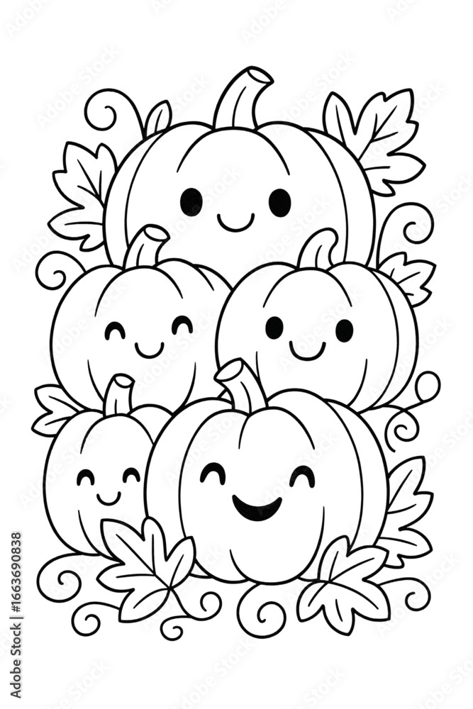 Obraz premium Cute pumpkin patch with smiling faces in kawaii Halloween coloring illustration 