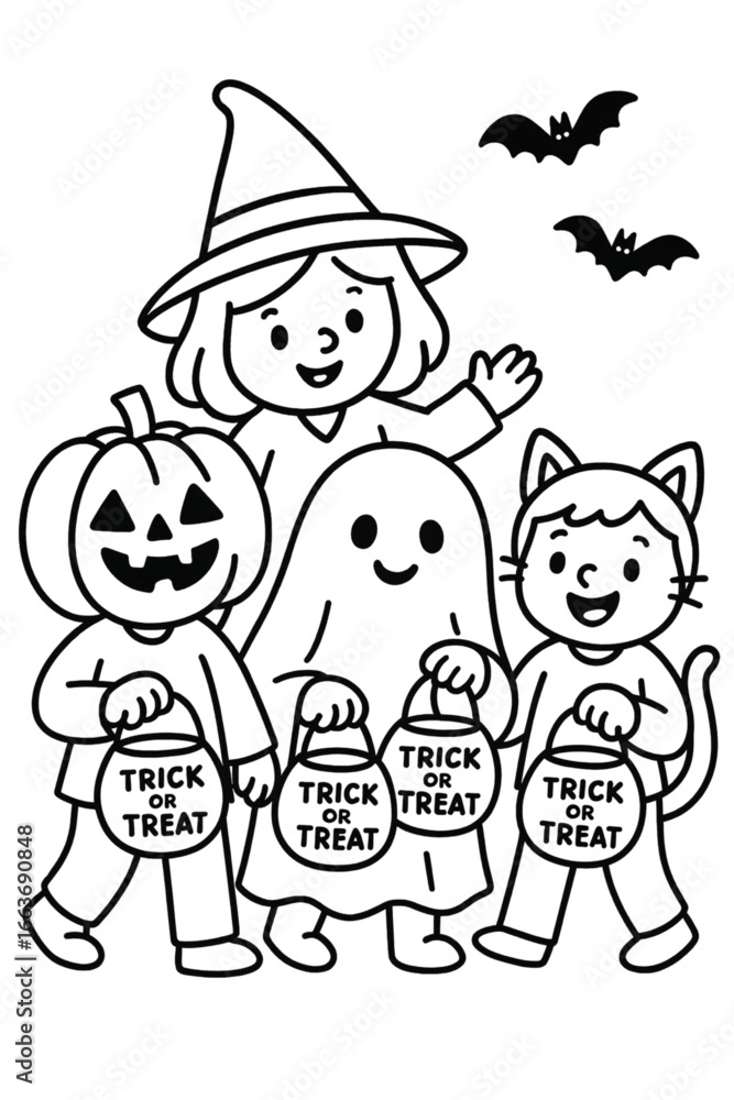 Fototapeta premium Group of trick or treat kids in costumes with pumpkins and candy buckets - AI Generated