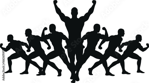 Bodybuilder poses vector silhouettes, muscular man flexing strong arms, fitness training graphic icons for gym, workout, strength, power