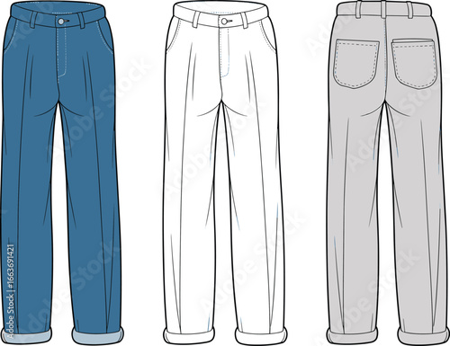 New Cad drawing flat vector illustration, men's casual trousers design, rolled cuff pants fashion sketch, front and back view apparel template, tailored pants technical drawing, modern clothing style