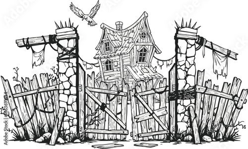 Decaying wooden gate and dilapidated house, bird in flight, ominous atmosphere.