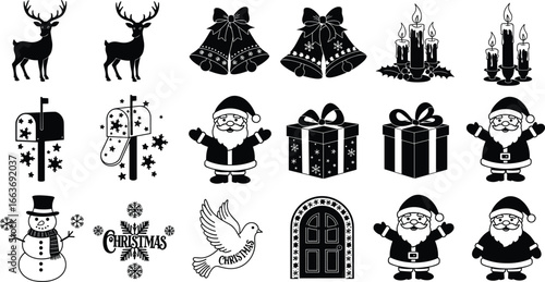 Christmas holiday silhouette icons — reindeer, bells, candles, mailbox with snowflakes, Santa Claus, gift boxes, snowman, dove, decorated door