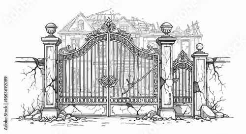 A black and white illustration of a crumbling, ornate gate before a dilapidated, abandoned mansion.