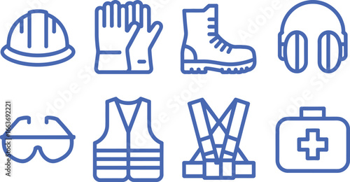 Blue Outline Safety Equipment Hard Hat, Gloves, Boot, Headphone, Vest, Glasses, Kit