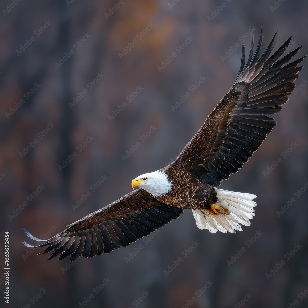 Obraz premium Majestic Bald Eagle with Outstretched Wings Soaring Above Maryland Landscape