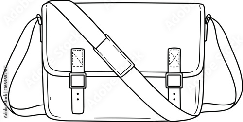 New CAD drawing flat vector illustration, messenger bag design, adjustable strap, buckle closure, front and side view, travel gear, fashion accessory, outline sketch, editable artwork