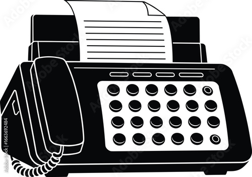 Classic fax machine silhouette, retro office communication device, old telephone and document transmission equipment, vintage vector black illustration