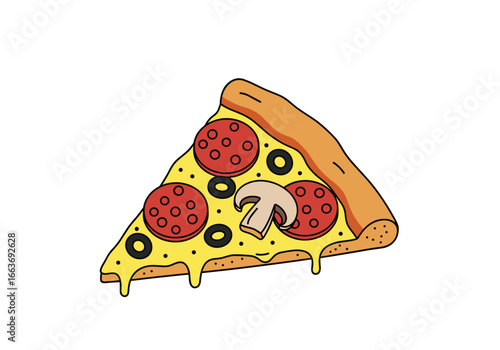 Delicious slice of pepperoni and mushroom pizza dripping with cheese