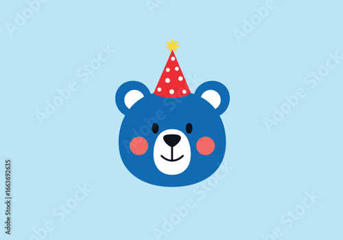 Blue bear wearing party hat celebrating a happy birthday event with friends and family