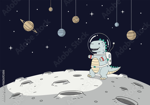 Cute dinosaur astronaut explores the lunar surface among planets and stars
