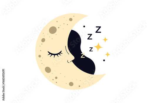 Cute crescent moon character with closed eyes and sleeping zzz symbols illustration