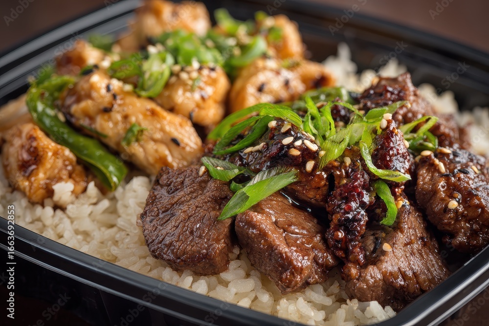 Fototapeta premium Delicious Asian Take Out: Closeup of Teriyaki Beef and Chicken on Steamed Rice
