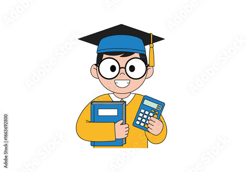 Happy young student wearing graduation cap holding books and calculator with enthusiasm