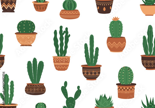 Collection of potted cacti and succulents with decorative patterns