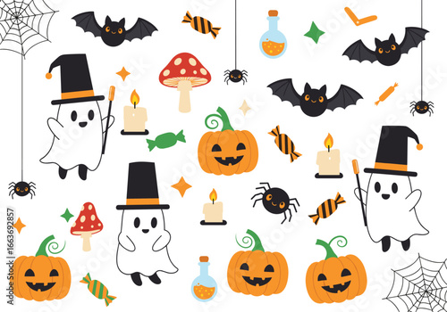 Charming halloween elements featuring cute ghosts pumpkins spiders bats and candy for festive decorations