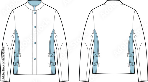 New update  CAD Drawing Flat Vector Illustration, Modern Buckled Jacket Design Template, Front and Back Technical Fashion Sketch, Long Sleeve Outerwear for Apparel Mockup