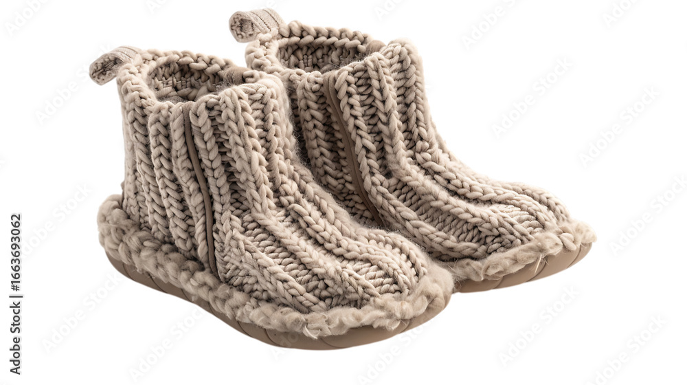 Fototapeta premium Illustration of pair of cozy knit wool slippers for home comfort, isolated on transparent background, perfect for relaxing at home in winter, a stylish and warm footwear