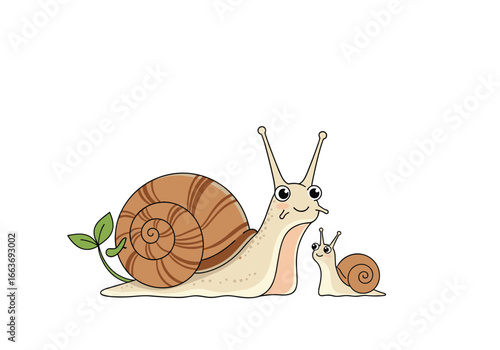 Cute mother and baby snail illustration with green leaves and whimsical design elements