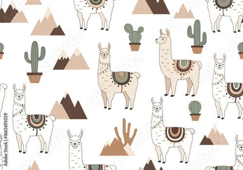 Charming desert llama cactus mountain pattern for textiles and apparel