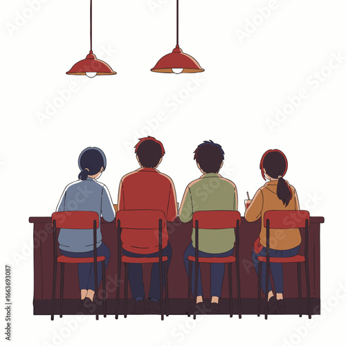 Four diverse friends share genuine moments and joyful conversations in a contemporary urban coffee shop, embodying authentic social connections.