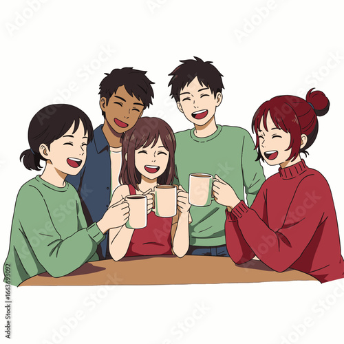 A diverse group of young friends shares authentic laughter and true connections over coffee, embodying happiness and community in a modern urban cafe.