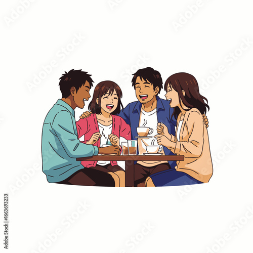 Diverse young friends share authentic laughter and true connections over coffee in a vibrant, modern urban cafe, enjoying candid social interactions.