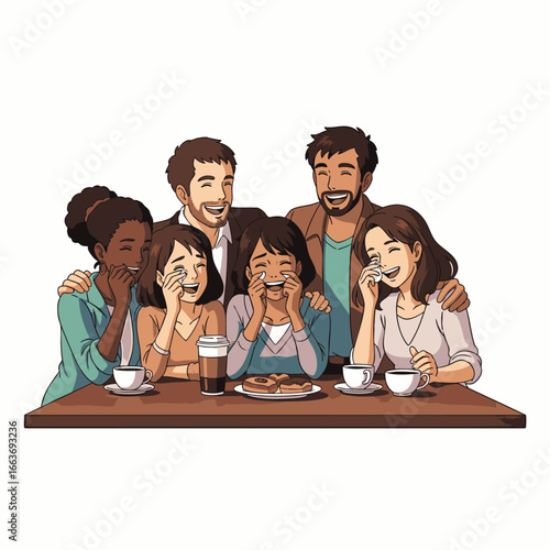 A diverse group of cheerful friends shares authentic laughter and heartfelt conversation over coffee in a vibrant modern cafe, fostering genuine connection.