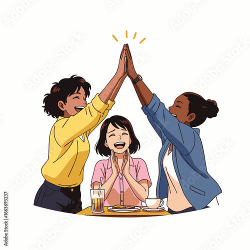 A vibrant moment of authentic connection and shared happiness as diverse friends engage in joyful social interaction within a modern cafe.