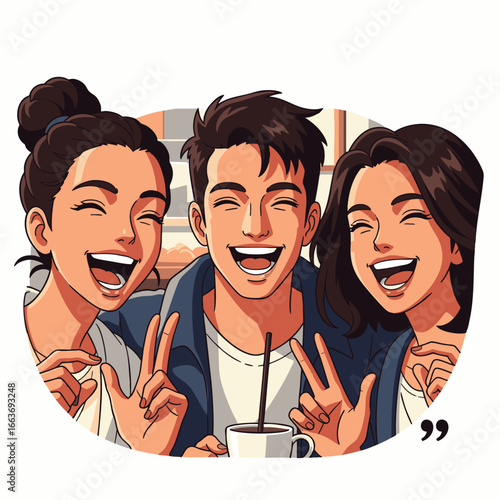 Three diverse friends share genuine laughter and true connections in a modern coffee shop, embodying urban lifestyle and community happiness.