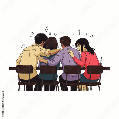 This illustration beautifully captures a diverse group of young friends enjoying genuine laughter and meaningful connections within a modern cafe setting.