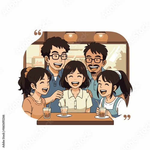 A joyful group of friends or family shares authentic laughter and true connections while enjoying drinks in a modern, bustling urban coffee shop setting.
