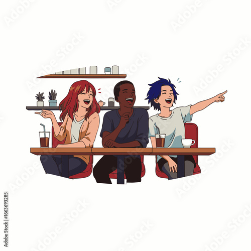 Authentic laughter and true connections illuminate a diverse group of young friends enjoying candid moments of happiness in a modern urban coffee shop.