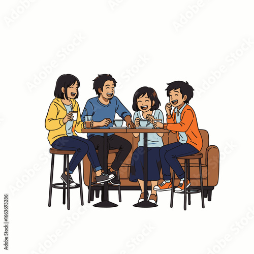 Diverse friends share authentic laughter and true connections over coffee in a modern urban cafe, embodying happiness and community.